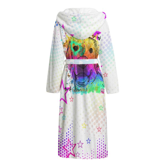 Preview: Bunter Bademantel Sunny aus Flanell – flauschig & farbenfroh, Größen S–2XL; Golden Retriever, Goldy